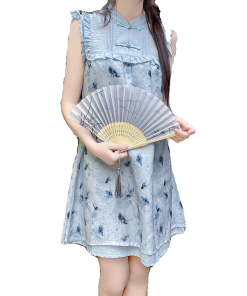 Floral Print Pudding Bear Dress for Women - Summer Chinese Style, Petite Size, Trendy 90s Inspired Design