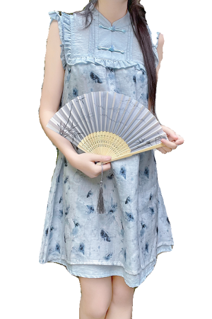 Floral Print Pudding Bear Dress for Women - Summer Chinese Style, Petite Size, Trendy 90s Inspired Design