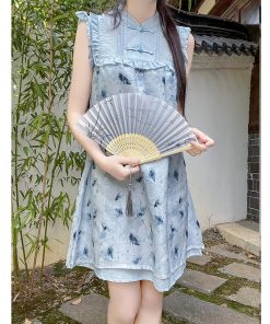 Floral Print Pudding Bear Dress for Women - Summer Chinese Style, Petite Size, Trendy 90s Inspired Design