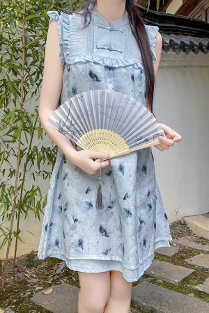Floral Print Pudding Bear Dress for Women - Summer Chinese Style, Petite Size, Trendy 90s Inspired Design