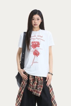 Floral Print Short Sleeve T-Shirt for Women - Summer Breathable Loose Fit Top in Trendy American Style
