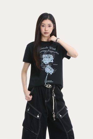 Floral Print Short Sleeve T-Shirt for Women - Summer Breathable Loose Fit Top in Trendy American Style