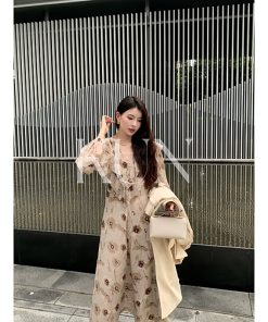 Floral Print Tea Room Dress for Women - Vintage Waist-Cinching Design, Early Spring Style, Perfect for 90s and Y2K Fashion