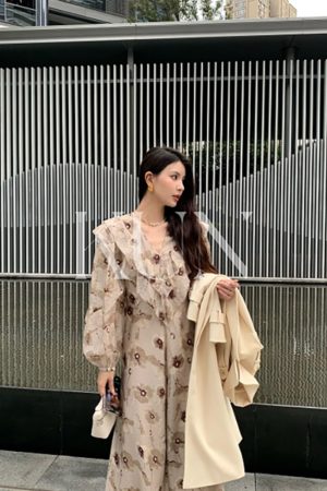 Floral Print Tea Room Dress for Women - Vintage Waist-Cinching Design, Early Spring Style, Perfect for 90s and Y2K Fashion