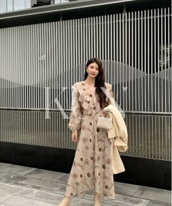 Floral Print Tea Room Dress for Women - Vintage Waist-Cinching Design, Early Spring Style, Perfect for 90s and Y2K Fashion