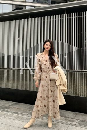 Floral Print Tea Room Dress for Women - Vintage Waist-Cinching Design, Early Spring Style, Perfect for 90s and Y2K Fashion