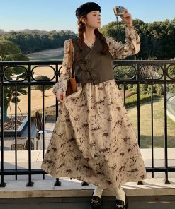 Floral Print Two-Piece Dress Set for Women, Chinese Style Vest with Skirt, Spring & Autumn 2025 Fashion, Boho Chic