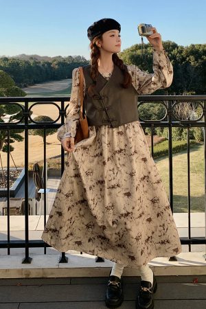 Floral Print Two-Piece Dress Set for Women, Chinese Style Vest with Skirt, Spring & Autumn 2025 Fashion, Boho Chic