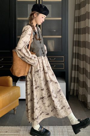 Floral Print Two-Piece Dress Set for Women, Chinese Style Vest with Skirt, Spring & Autumn 2025 Fashion, Boho Chic