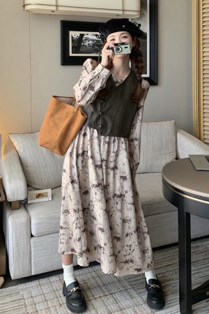 Floral Print Two-Piece Dress Set for Women, Chinese Style Vest with Skirt, Spring & Autumn 2025 Fashion, Boho Chic