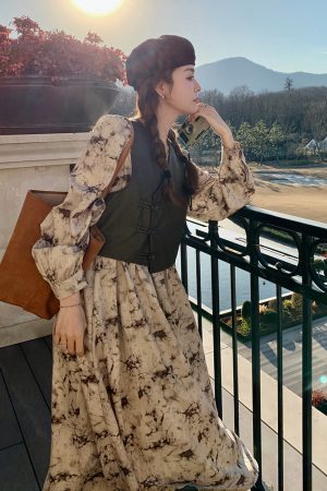 Floral Print Two-Piece Dress Set for Women, Chinese Style Vest with Skirt, Spring & Autumn 2025 Fashion, Boho Chic