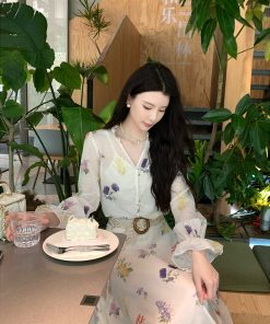 Floral Print V-Neck Shirt and Skirt Three-Piece Set for Women - Elegant Spring Outfit, Y2K Inspired Style