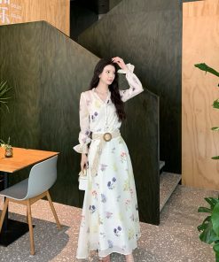 Floral Print V-Neck Shirt and Skirt Three-Piece Set for Women - Elegant Spring Outfit, Y2K Inspired Style