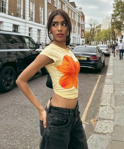 Floral Print Yellow T-Shirt, Slim Fit Short Sleeve Top, European American Style, Versatile Streetwear Fashion