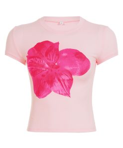 Floral Print Yellow T-Shirt, Slim Fit Short Sleeve Top, European American Style, Versatile Streetwear Fashion