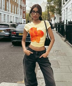 Floral Print Yellow T-Shirt, Slim Fit Short Sleeve Top, European American Style, Versatile Streetwear Fashion