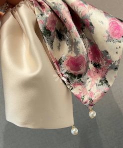 Floral Satin Silk Pearl Hair Tie Headband - Elegant Women's Hair Accessory, Chic 90s Inspired Design