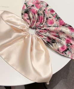 Floral Satin Silk Pearl Hair Tie Headband - Elegant Women's Hair Accessory, Chic 90s Inspired Design