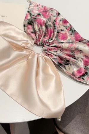 Floral Satin Silk Pearl Hair Tie Headband - Elegant Women's Hair Accessory, Chic 90s Inspired Design