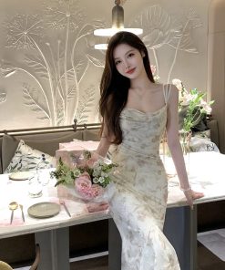 Floral Sexy Spaghetti Strap Dress for Women - Waist-Cinching Mermaid Skirt, Summer 90s Style, Elegant Evening Wear