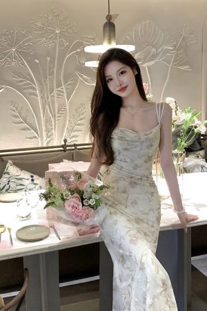 Floral Sexy Spaghetti Strap Dress for Women - Waist-Cinching Mermaid Skirt, Summer 90s Style, Elegant Evening Wear