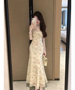 Floral Sexy Spaghetti Strap Dress for Women - Waist-Cinching Mermaid Skirt, Summer 90s Style, Elegant Evening Wear