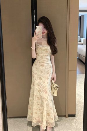 Floral Sexy Spaghetti Strap Dress for Women - Waist-Cinching Mermaid Skirt, Summer 90s Style, Elegant Evening Wear
