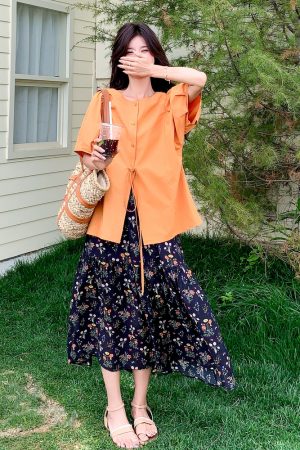 Floral Shirt and Skirt Set - Trendy Unique Stylish Outfit for May Day Travel - Perfect for Spring and Summer Fashion