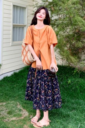 Floral Shirt and Skirt Set - Trendy Unique Stylish Outfit for May Day Travel - Perfect for Spring and Summer Fashion