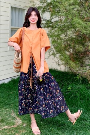 Floral Shirt and Skirt Set - Trendy Unique Stylish Outfit for May Day Travel - Perfect for Spring and Summer Fashion