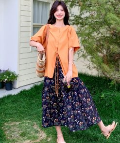 Floral Shirt and Skirt Set - Trendy Unique Stylish Outfit for May Day Travel - Perfect for Spring and Summer Fashion