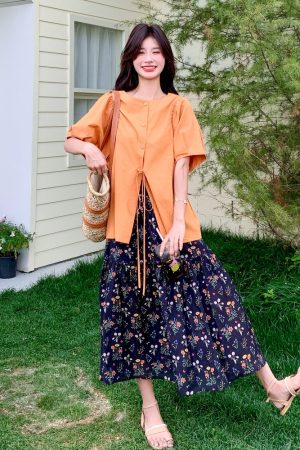 Floral Shirt and Skirt Set - Trendy Unique Stylish Outfit for May Day Travel - Perfect for Spring and Summer Fashion