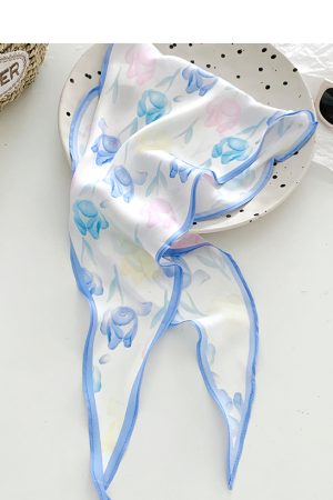 Floral Small Square Scarf for Women - Summer Versatile Long Strip Hair Tie Bow Hairband Headwear Accessory