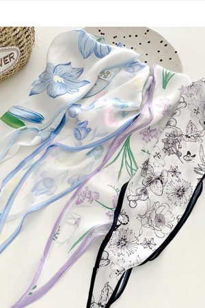 Floral Small Square Scarf for Women - Summer Versatile Long Strip Hair Tie Bow Hairband Headwear Accessory