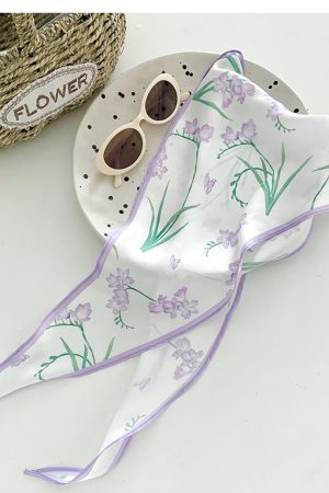 Floral Small Square Scarf for Women - Summer Versatile Long Strip Hair Tie Bow Hairband Headwear Accessory