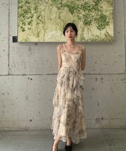 Floral Spaghetti Strap Dress for Women - French Style, Irregular Design, Waist-Cinching, Long Summer Dress, Perfect for Y2K Fashion