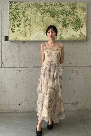 Floral Spaghetti Strap Dress for Women - French Style, Irregular Design, Waist-Cinching, Long Summer Dress, Perfect for Y2K Fashion