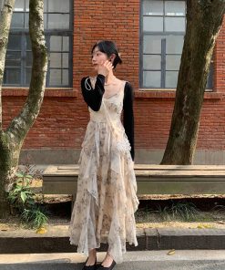 Floral Spaghetti Strap Dress for Women - French Style, Irregular Design, Waist-Cinching, Long Summer Dress, Perfect for Y2K Fashion