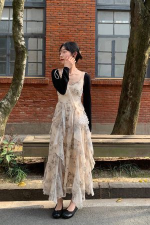 Floral Spaghetti Strap Dress for Women - French Style, Irregular Design, Waist-Cinching, Long Summer Dress, Perfect for Y2K Fashion