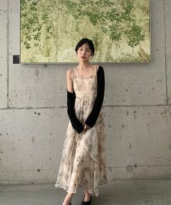 Floral Spaghetti Strap Dress for Women - French Style, Irregular Design, Waist-Cinching, Long Summer Dress, Perfect for Y2K Fashion