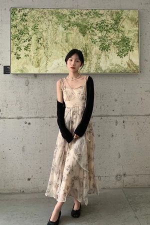 Floral Spaghetti Strap Dress for Women - French Style, Irregular Design, Waist-Cinching, Long Summer Dress, Perfect for Y2K Fashion
