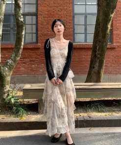 Floral Spaghetti Strap Dress for Women - French Style, Irregular Design, Waist-Cinching, Long Summer Dress, Perfect for Y2K Fashion