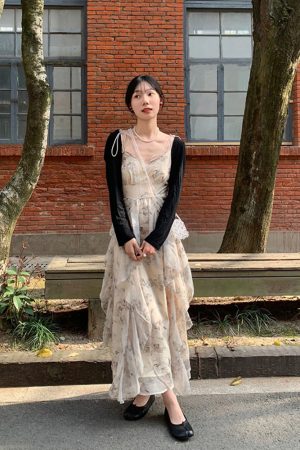 Floral Spaghetti Strap Dress for Women - French Style, Irregular Design, Waist-Cinching, Long Summer Dress, Perfect for Y2K Fashion
