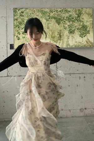 Floral Spaghetti Strap Dress for Women - French Style, Irregular Design, Waist-Cinching, Long Summer Dress, Perfect for Y2K Fashion