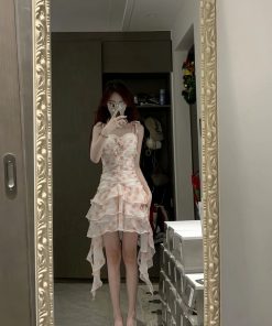 Floral Spaghetti Strap Dress for Women â€“ French Style, Waist-Cinching, Ruffled Irregular Short Skirt, Summer Fashion, Hot Girl Look