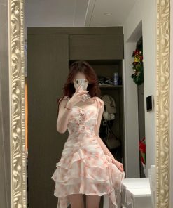 Floral Spaghetti Strap Dress for Women â€“ French Style, Waist-Cinching, Ruffled Irregular Short Skirt, Summer Fashion, Hot Girl Look