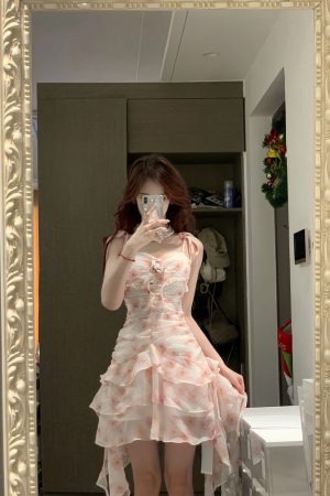 Floral Spaghetti Strap Dress for Women â€“ French Style, Waist-Cinching, Ruffled Irregular Short Skirt, Summer Fashion, Hot Girl Look