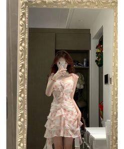 Floral Spaghetti Strap Dress for Women â€“ French Style, Waist-Cinching, Ruffled Irregular Short Skirt, Summer Fashion, Hot Girl Look