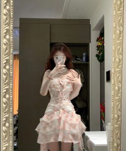 Floral Spaghetti Strap Dress for Women â€“ French Style, Waist-Cinching, Ruffled Irregular Short Skirt, Summer Fashion, Hot Girl Look