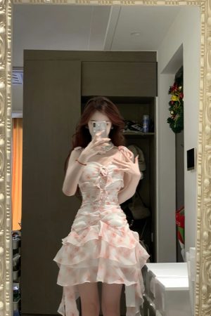 Floral Spaghetti Strap Dress for Women â€“ French Style, Waist-Cinching, Ruffled Irregular Short Skirt, Summer Fashion, Hot Girl Look